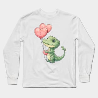 Valentine Crocodile Holding Heart Shaped Balloons Long Sleeve T-Shirt